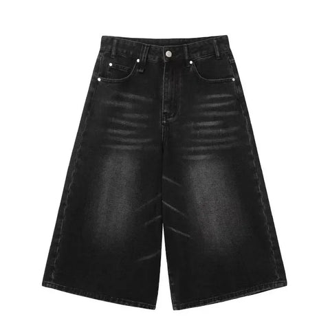 Voguable  Vintage Washed Black Denim Pants High Waist Loose Wide Leg Y2k E-Girl Unisex A-line Calf- Length Chic