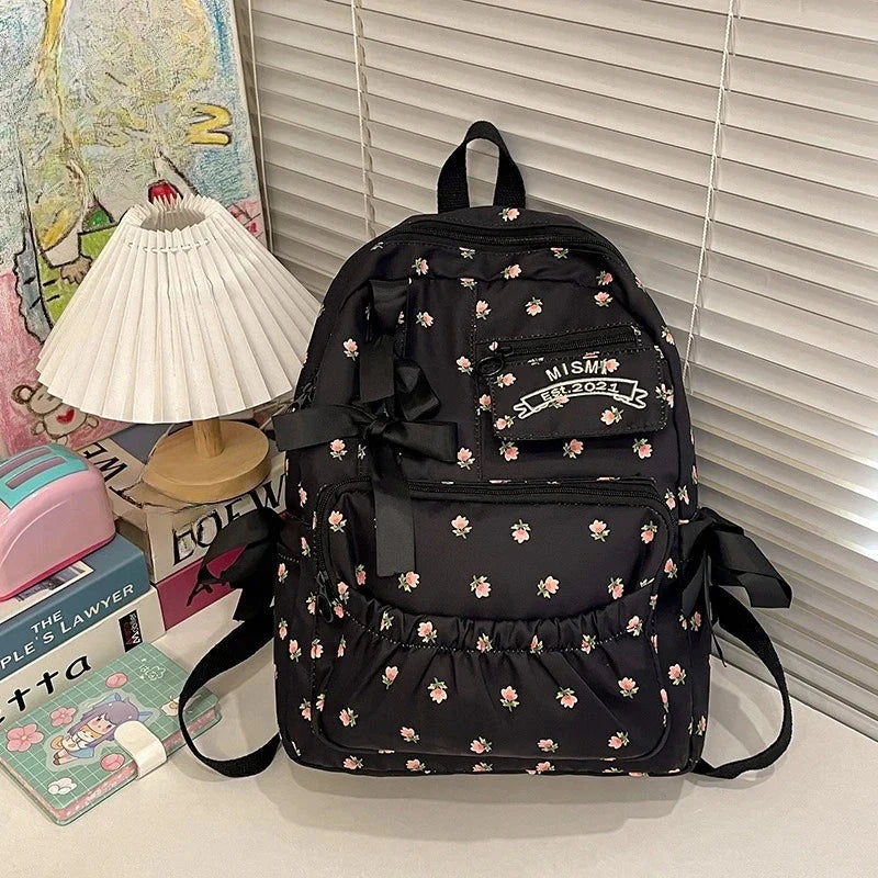 Korean Bow Chic Flower Print Backpack High-capacity Sweet Kawaii Schoolbags Casual Preppy Y2k Students Backpacks
