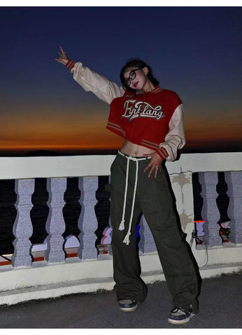 Voguable Pu Leather Letter Print Zipper Long Sleeve Loose Patchwork Jacket Winter Streetwear Outfits Y2K