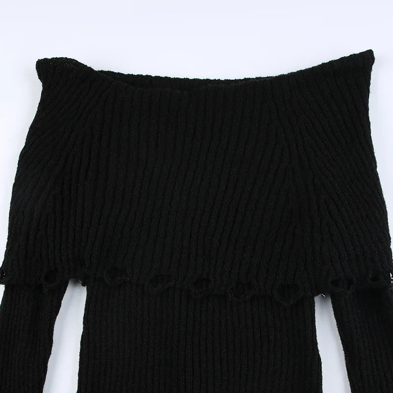 Voguable Grunge Fairycore Off Shoulders Ripped Sweaters Slash Neck Goth Jumper Tops Y2K Dark Academic Pullover
