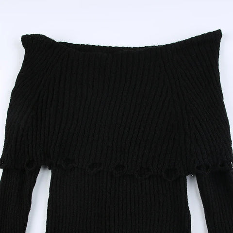 Voguable Grunge Fairycore Off Shoulders Ripped Sweaters Slash Neck Goth Jumper Tops Y2K Dark Academic Pullover
