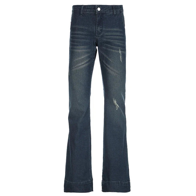 Blue Low Rise Flare Jeans Vintage 2000s Slim-fitting Denim Pants Korean Style Trousers y2k Distressed Mom Jeans 90s