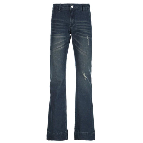 Blue Low Rise Flare Jeans Vintage 2000s Slim-fitting Denim Pants Korean Style Trousers y2k Distressed Mom Jeans 90s