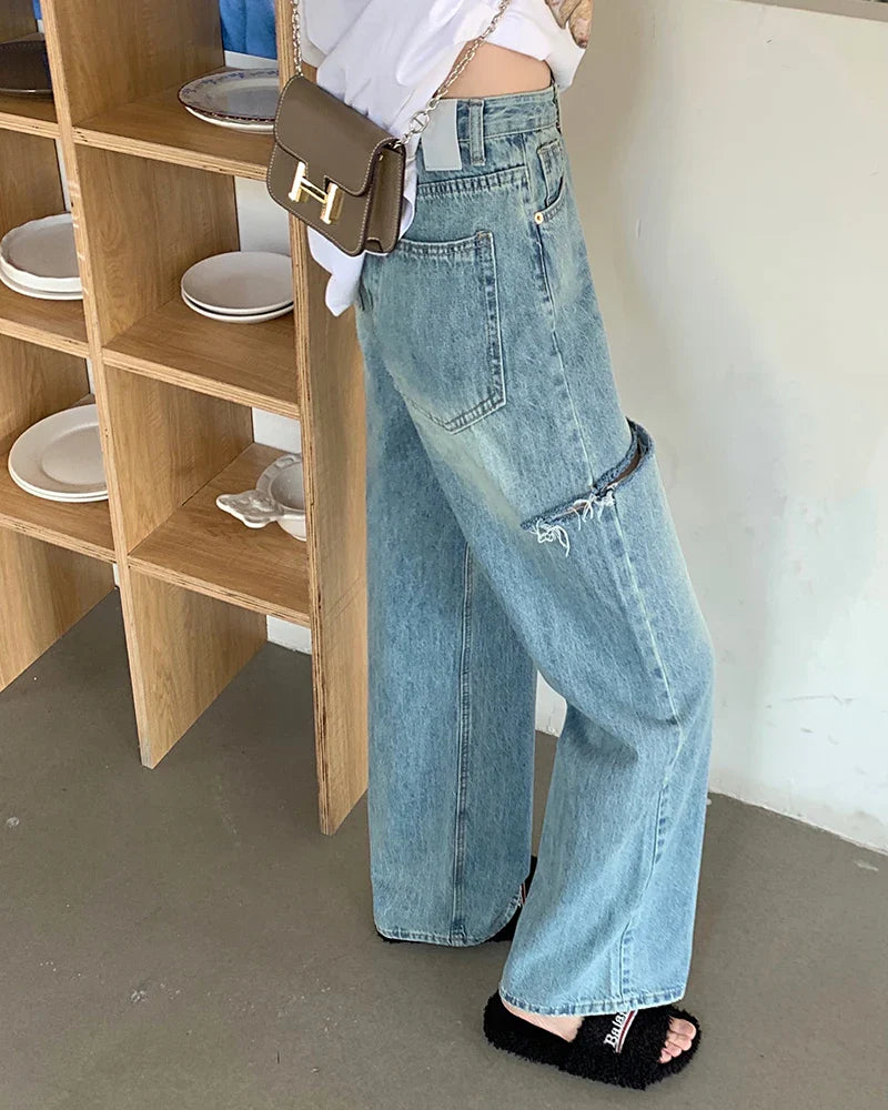 High Waist Ripped Straight Jeans Blue Denim Trousers Y2k Korean Clothing Streetwear Baggy Pants