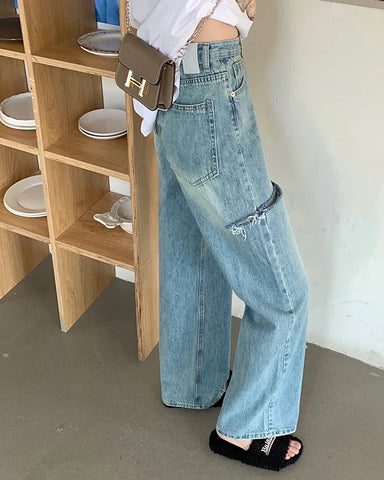 High Waist Ripped Straight Jeans Blue Denim Trousers Y2k Korean Clothing Streetwear Baggy Pants