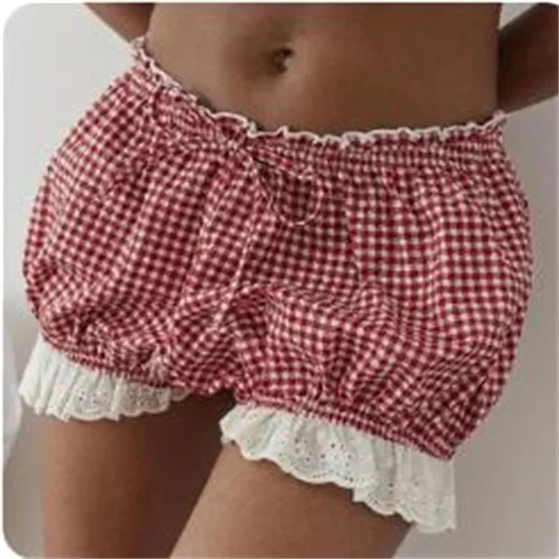 y2k Bloomers Solid Color/Plaid Print Ruffle Trim Elastic Low Waist Pants Coquette Aesthetic Shorts Loungewear