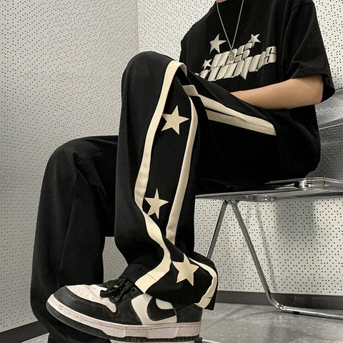 Voguable Y2K Star Sweatpants Black Sports Pants Wide Leg Trousers Japanese Streetwear Hip Hop Graphic Loose Casual