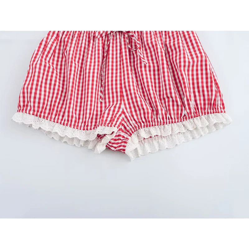 Cute Lace Trim Plaid Shorts Low Waist Y2k Pajamas Short Pants Casual Homewear