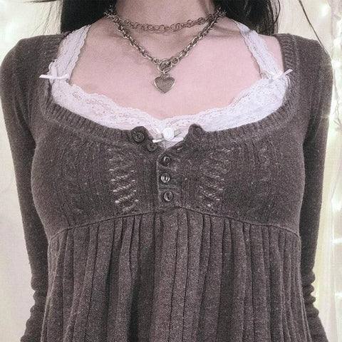 Vintage Babydoll Tops Pullovers Lady Aesthetic Coquette Knit Sweaters Outfit Square Neck Long Sleeve Knitwear Jumpers Y2k