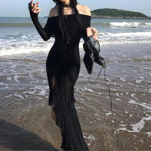 French Elegant Off Shoulder Midi Dress Y2K Black Gothic Irregular Split Long Sleeve Dress Ladies Beach Slim Party Vestidos