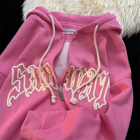 Y2K Letter Embroidered Hoodie Winter Vintage Zip Up Oversized Sweatshirt Harajuku Long Sleeve Hooded Jacket Clothes