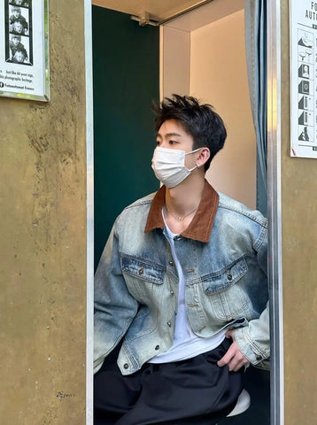and Style Distressed Denim Jacket Korean Style Premium Contrast Color Casual Lapel Clothing Y2k