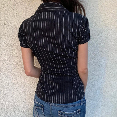 Voguable  Chic Elegant Striped Blouse French Style Button-up Turn-down Collar Shirt Vintage Streetwear Y2K Tops
