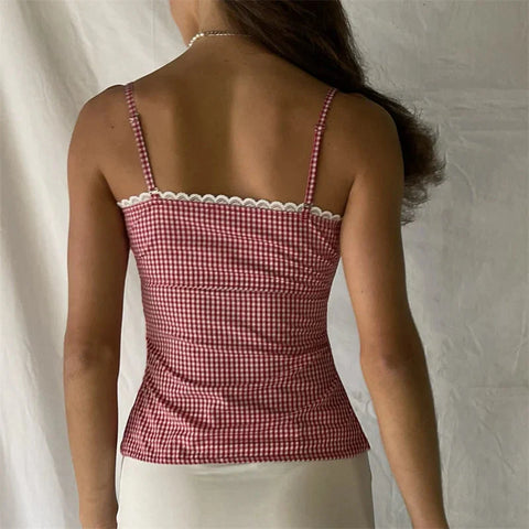 y2k Tops for Plaid Print Lace Trim Spaghetti Strap Sleeveless Single Breasted Camisole Sweet Coquette Clothing
