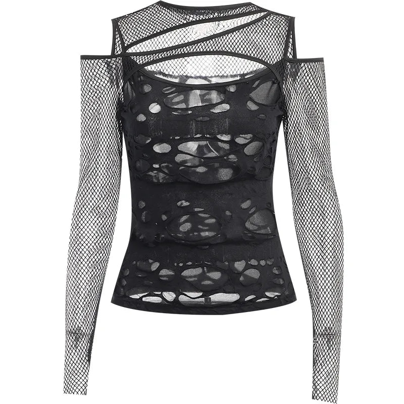 Gothic Chick Tops Y2k Personalized Dark Wind Slim Grid Hole Breaking Long Sleeve Tops FeTide