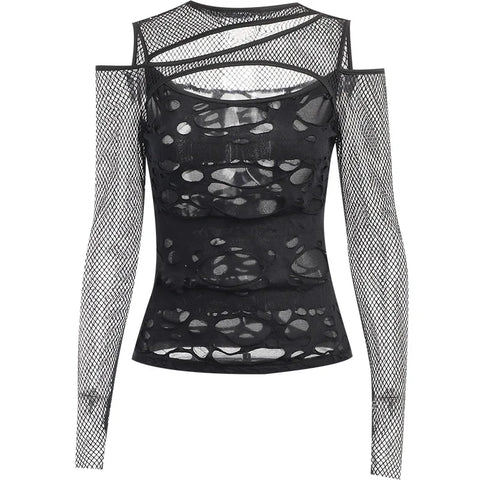 Gothic Chick Tops Y2k Personalized Dark Wind Slim Grid Hole Breaking Long Sleeve Tops FeTide