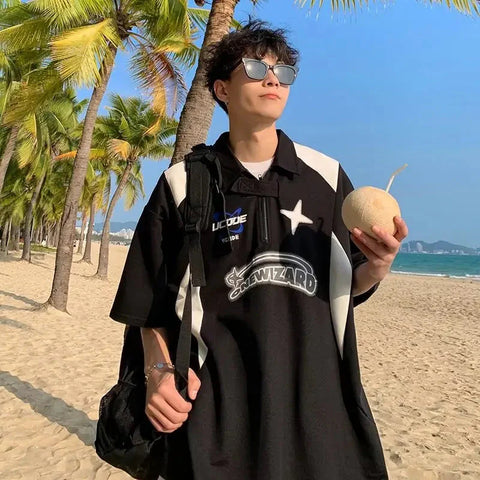 American Retro Short Sleeved Y2k Motorcycle Style Polo Collar Simple Versatile Loose Vintage Couple T-shirt Casual Top