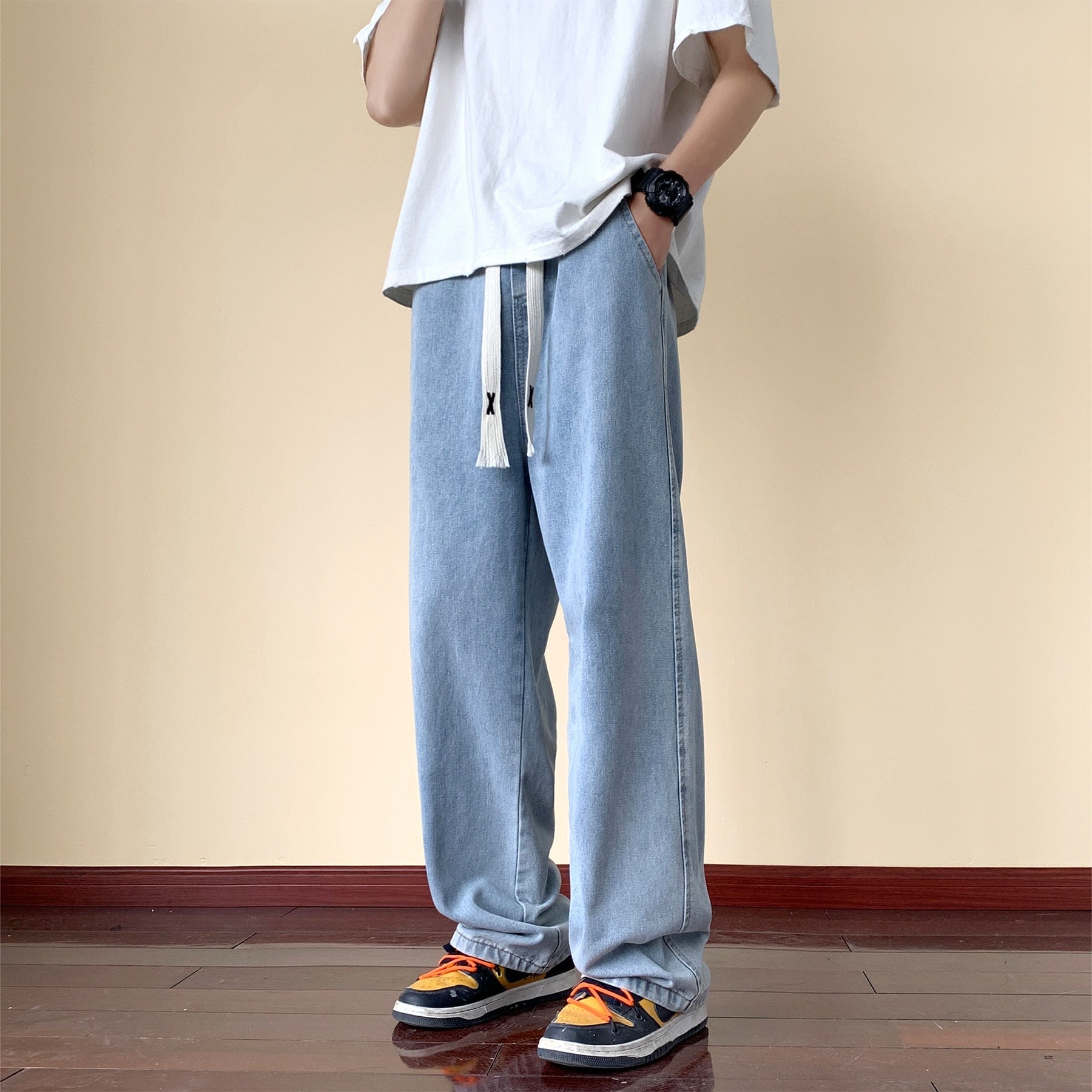 Japanese Style Trend Y2k Baggy Straight Jeans Wide Leg Solid Color Casual Denim Pants High Street Trousers
