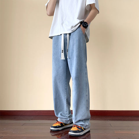 Japanese Style Trend Y2k Baggy Straight Jeans Wide Leg Solid Color Casual Denim Pants High Street Trousers