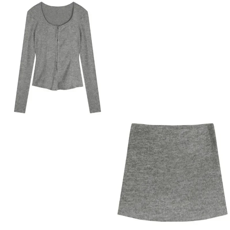 Voguable  2 Piece Dress Set Elegan Casual Long Sleeve Knitted Suits Y2k Crop Tops + Bodycon High Waist Mini Skirt Korean