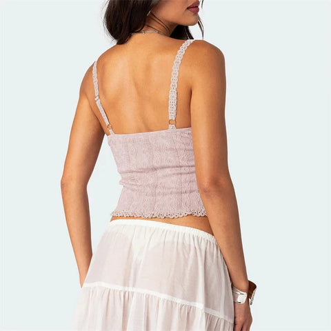 Lace Trim Tank Top Solid Color Spaghetti Strap Sleeveless Camisole with Bow y2k Aesthetic Clothes Clubwear