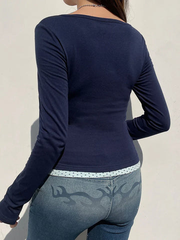 Voguable  Polka Dot Printed Lace Patchwork Fake Two-piece Top y2k Coquette Long Sleeve T-shirt Harajuku Pullover Cute Tees Casual