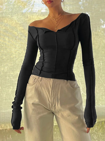 T-shirt Long Sleeve Boat Neck Spliced Slim Fit Shirts Solid Color Korean Kawaii Y2K Crop Tops Streetwear