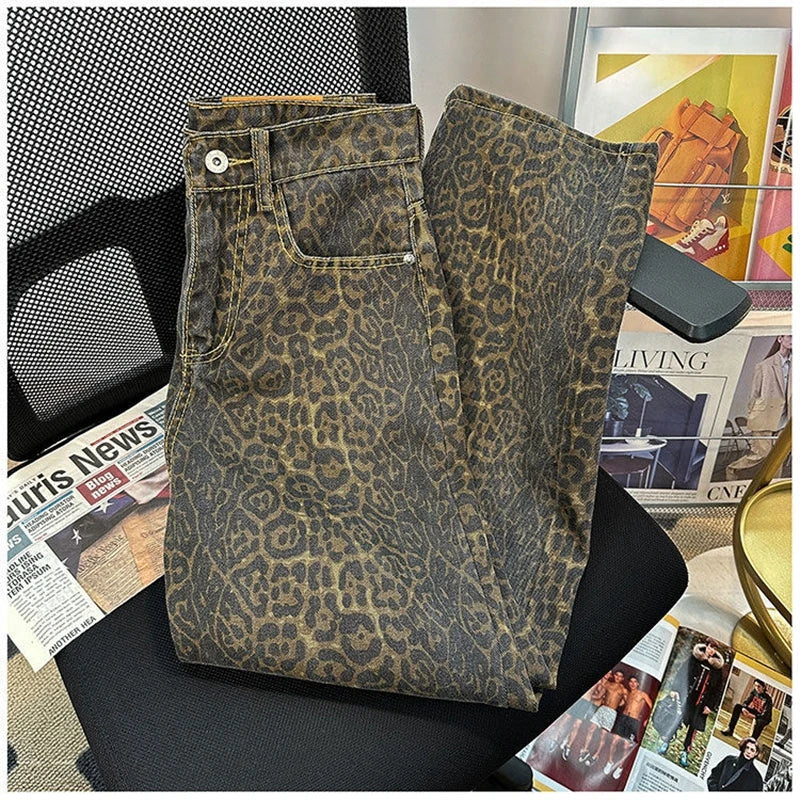 Retro American Leopard Print Jeans for High Street Gothic Hiphop Trendy Straight Couple Design Wide Leg Long Pants  Y2k fash