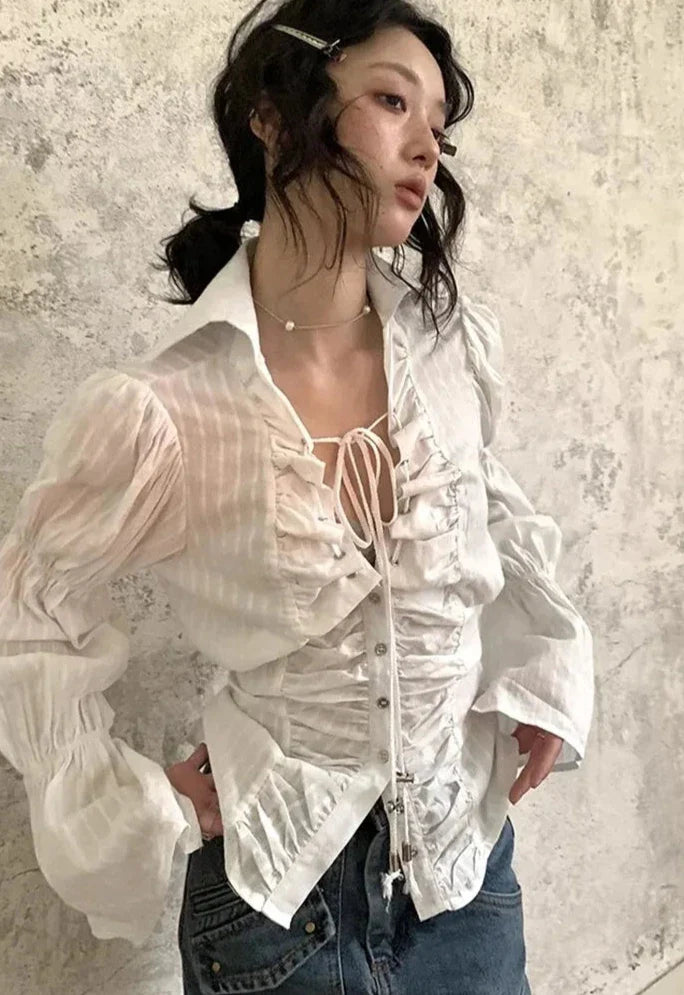 Fairycore Style Blouse Flare Sleeve Lace Up Single Breasted Bowknot Shirt Tops  Chic Y2k