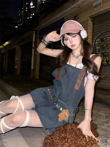 Voguable  2000s Vintage Denim Y2k Mini Dress  Elegant Jean Strap Dress Casual Streetwear Sleeveless Dress Korean Chic