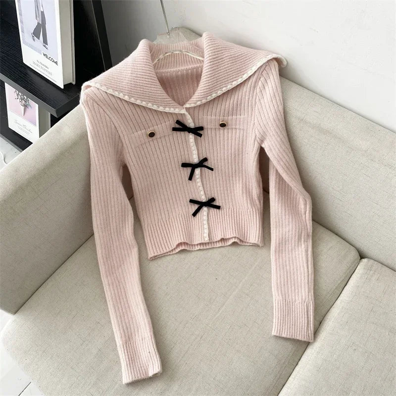 Voguable  Pink Sweet Cardigan Long Sleeve Y2k High Waist Knitted Coats Tops Japan Style Bow Sweaters Kawaii Slim Fit Women