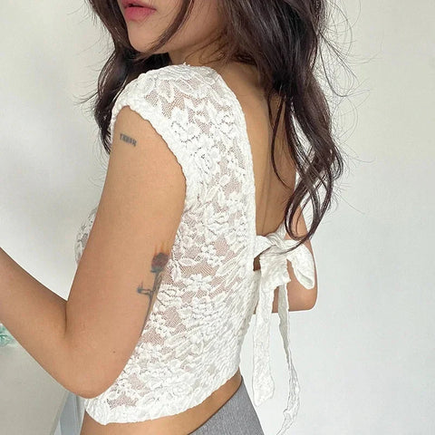 Y2K Lace Patchwork T Shirt French Backless Lace-Up Short Sleeve White Crop Tops FeSlim Bottoming Tees
