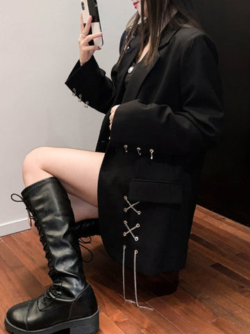 Elegant Gothic Blazer Jacket Casual Solid Double-breasted Pocket Chain Coat Streetwear Y2k