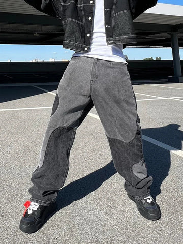 Baggy Jeans Y2K Hombre Design Gray Spliced Denim Pants Loose Jean Trousers Vaqueros Patchwork Straight Jeans For Men