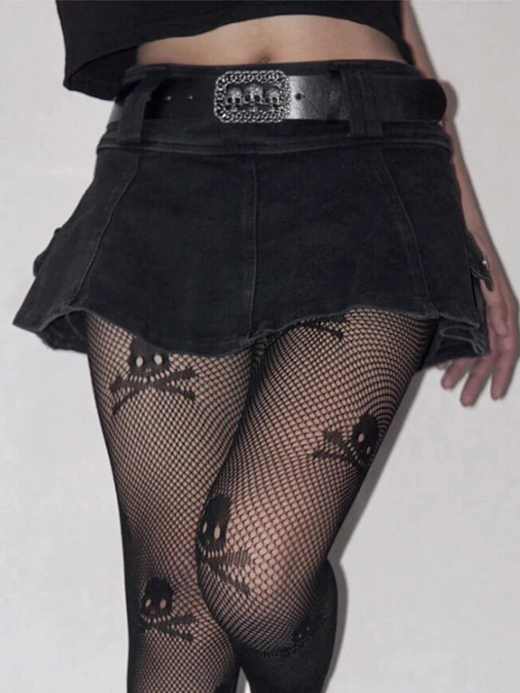 Harajuku Y2k Denim Skirt Dark Gothic Streetwear Mini Skirt with Skull Belt Mall Goth Punk Grunge Emo Clubwear