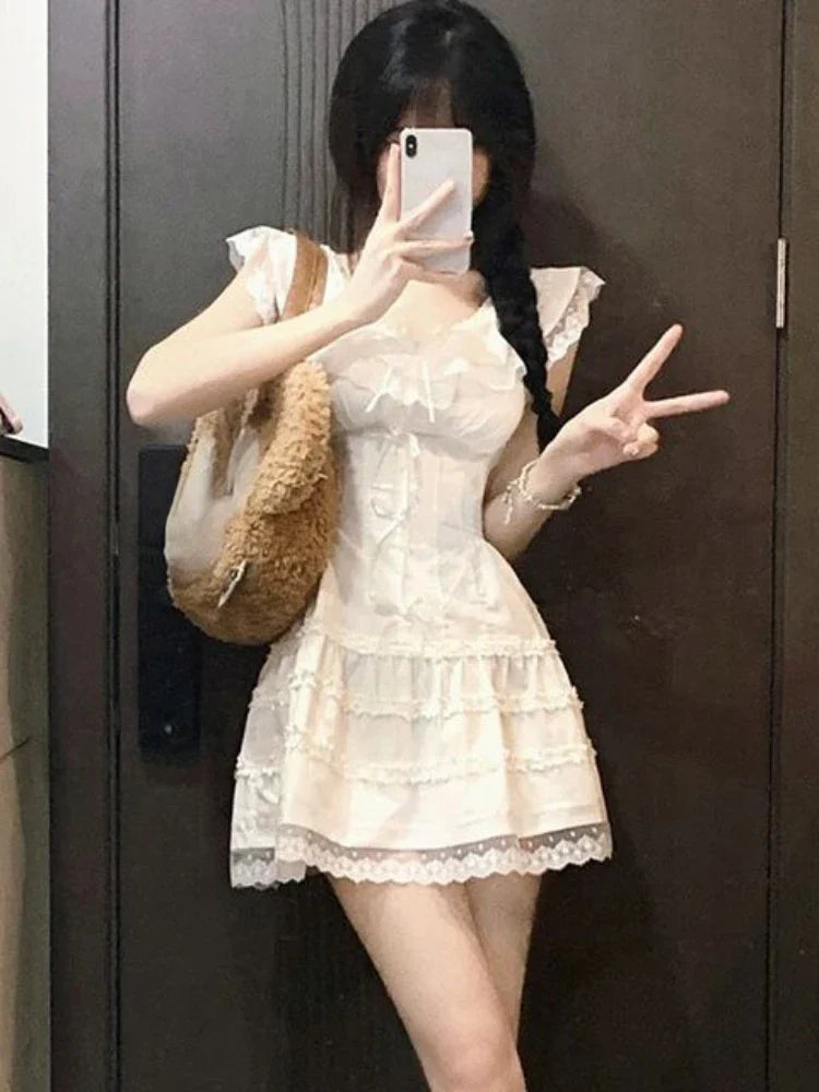 Voguable Y2k Coquette White Lolita Sweet White Kawaii Cute Mini Dress Lace Bow Princess Slip Lace Short Dresses Fashion