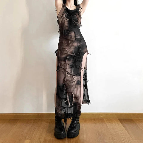 Grunge Dress y2k Tie Dye Print Sleeveless Side Split Hooded Dress Gothic Party Dresses Halloween Costume