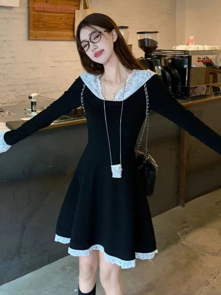 French Lace Patchwork Y2K Dress Hooded Long Sleeves Slim Waist A-Line Short Skirt Chic Vestidos