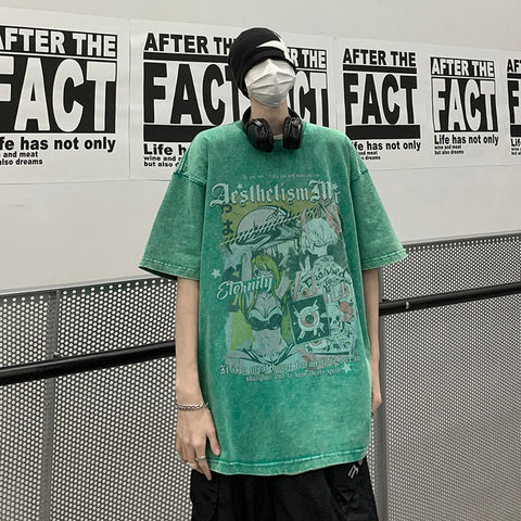 High Street  American Short Sleeve T-shirt Graffiti Loose Washed Trend Y2k Casual Top Tshirt Streetwear Cotton Tees