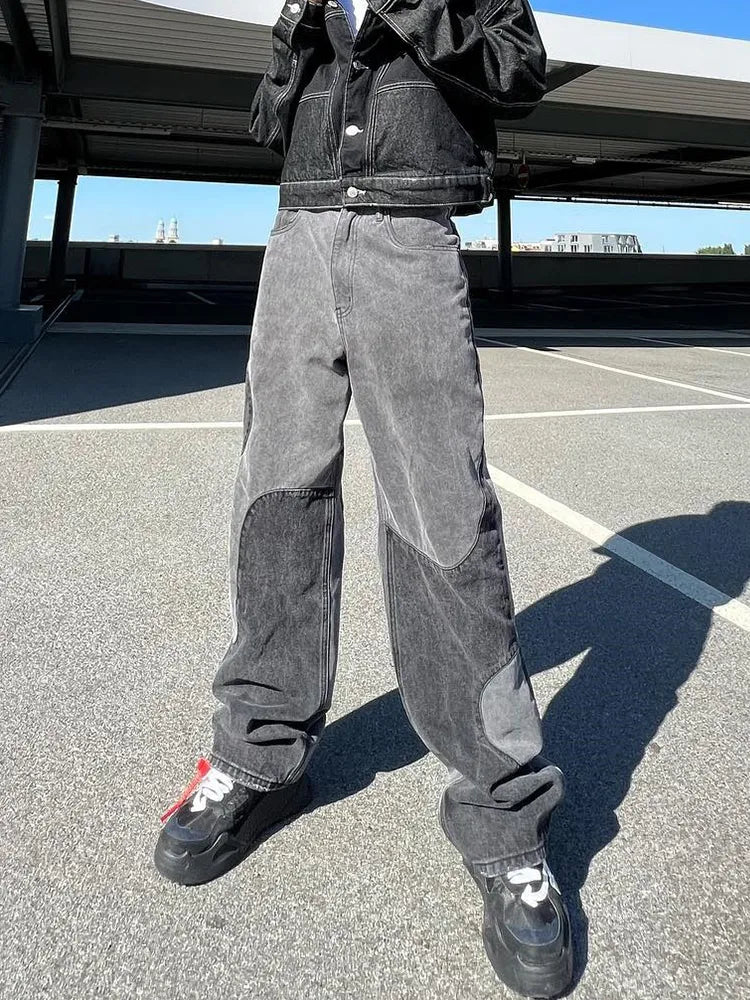 Baggy Jeans Y2K Hombre Design Gray Spliced Denim Pants Loose Jean Trousers Vaqueros Patchwork Straight Jeans For Men