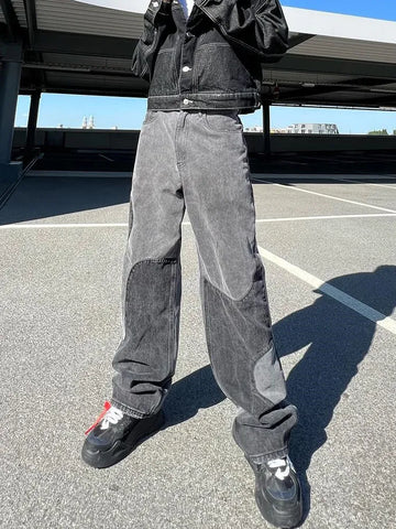 Baggy Jeans Y2K Hombre Design Gray Spliced Denim Pants Loose Jean Trousers Vaqueros Patchwork Straight Jeans For Men