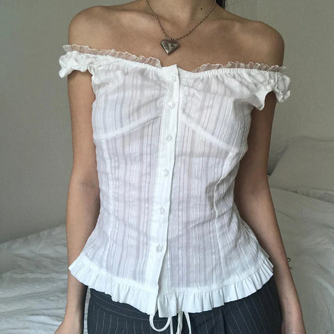 Voguable French Style Button-up Tank Top Chic Elegant Ruched Lace Stitching Slash Neck Camisole Cute Slim-fit Vest Y2K