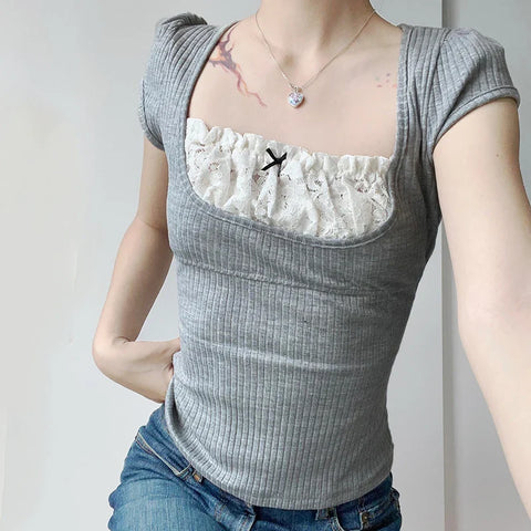 Voguable Y2K Contrast Lace Patchwork Knitted Top Cute Casual Basic Short Sleeve T-shirts Coquette Square Collar Tee