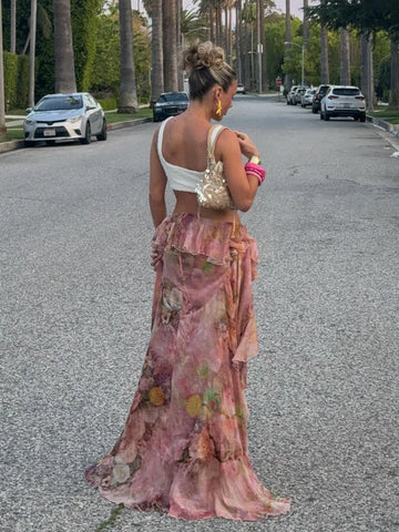 Voguable Vacation Floral Printed Ruffle Half Bodycon Skirt Low Waist Y2K Aesthetics Lace Skirt Harajuku Grunge Fairycore Clothes