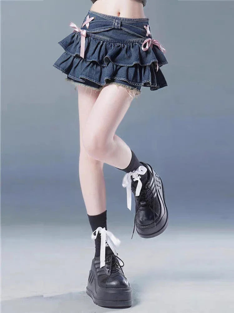 Voguable Blue Denim Pleated Skirt Y2K Aesthetic Sweet Pink Bow Lace Up Ruffles Cake Mini Skirts Harajuku Kawaii Short Skirt 90s