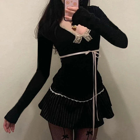 Contrast Lace Bow Cropped Top Sweet Coquette Square Collar T Shirts Black Casual Full Sleeve Tee y2k Aesthetic Lady