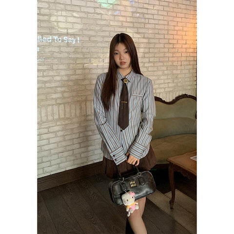 Y2K Harajuku Striped Shirts Vintage Streetwear Tie Long Sleeve Blouses Korean Preppy Slim All Match Tops New