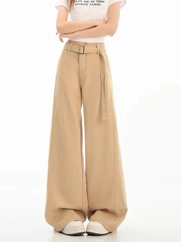 Belt Retro Khaki Jeans Y2K High Waist Loose Streetwear Denim Pants Casual American Vintage Wide Leg Trousers