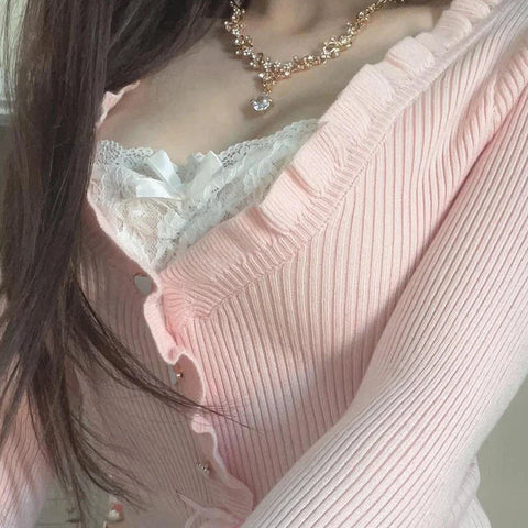 Fairycore Clothing Top y2k Ruffle Lace Patchwork Long Sleeve Knitted T Shirt 2000s Coquette Clothes Streetwear