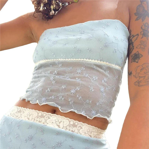 y2k Tube Top Aesthetic Clothes Floral Lace Patchwork Off Shoulder Strapless Sleeveless Tanks 2000s Streetwear